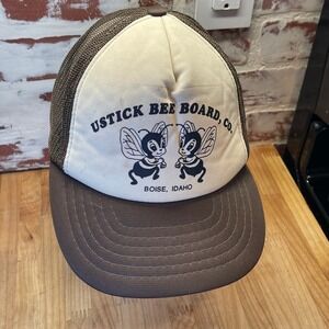Vintage Ustick Bee Board Co Boise Idaho Trucker Hat Yupoong Brown Snapback Cap